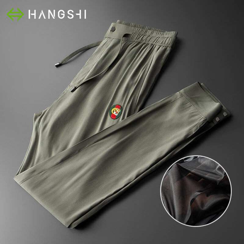 HARSIINCN輕奢品質垂感銅氨絲褲子男士休閑褲薄款虎頭繡花絲滑冰絲跑步褲 DT328綠色 54