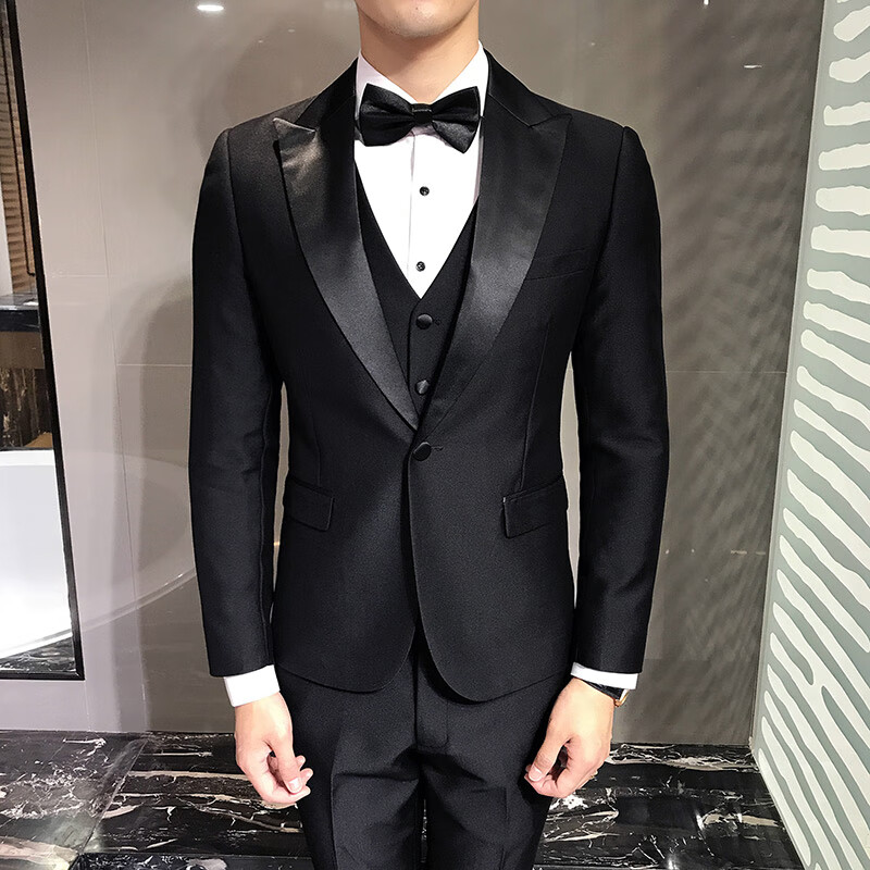 娇新郎西服套装结婚礼服演出塔士多主持人修身西装男套装伴郎潮 黑色