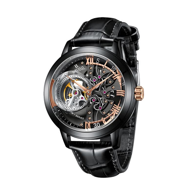 欧宝罗（OBLVLO）法国OBL全自动镂空机械表男十大品牌镂空手表运动复古男士 黑壳黑金面黑带