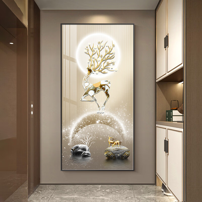 门口正对门墙挂画轻奢入户玄关装饰画大气麋鹿走廊过道挂画现代简约竖