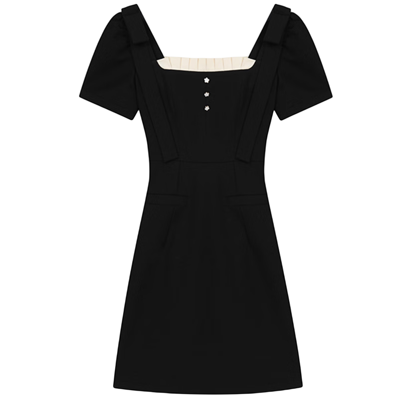 VEGA CHANG黑色吊带连衣裙女2023夏新款小个子显瘦气质赫本风短裙 黑色（duan袖款） S