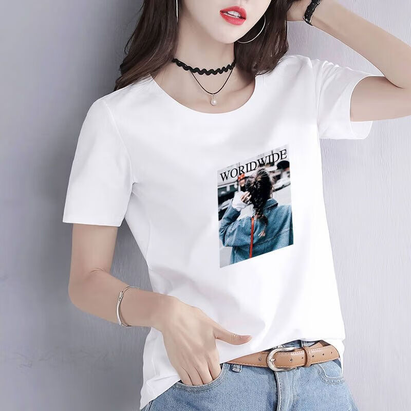 纯白色棉t恤女夏装短袖简约宽松休闲前幅百搭印花t恤 白色(后背女孩)