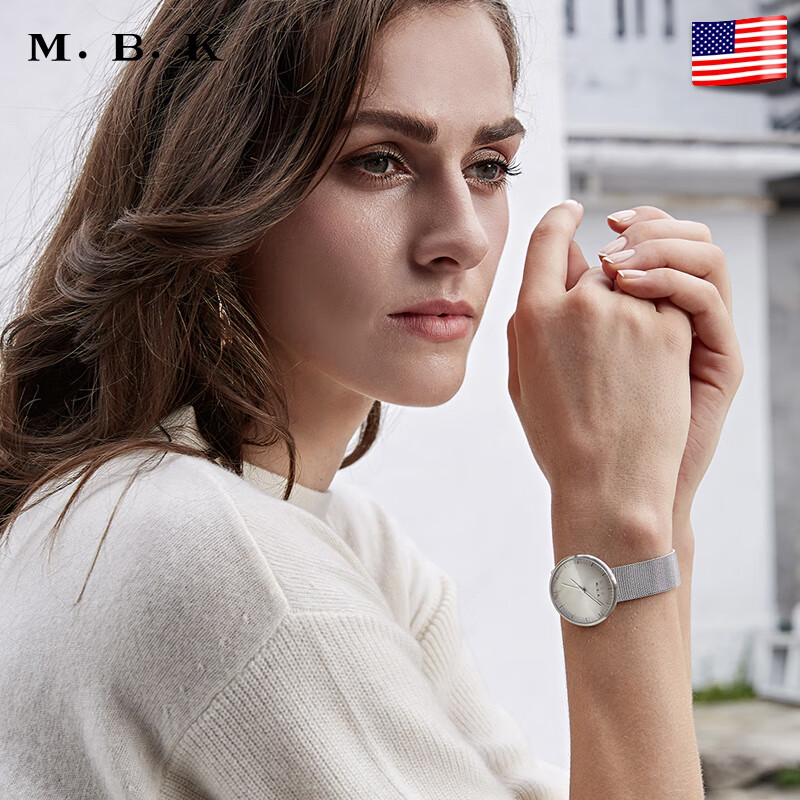 M.B.K美国品牌进口手表女潮流女士手表格简约休闲腕表时尚商务女表品牌 本色蓝面皮带【进口机芯】