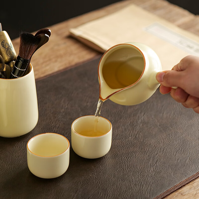 曲和(QUHE)汝窑茶具套装家用石磨泡茶壶陶瓷功夫茶杯懒人半自动冲茶神器全套 米黄汝窑妙茗自动茶具9件套(安全