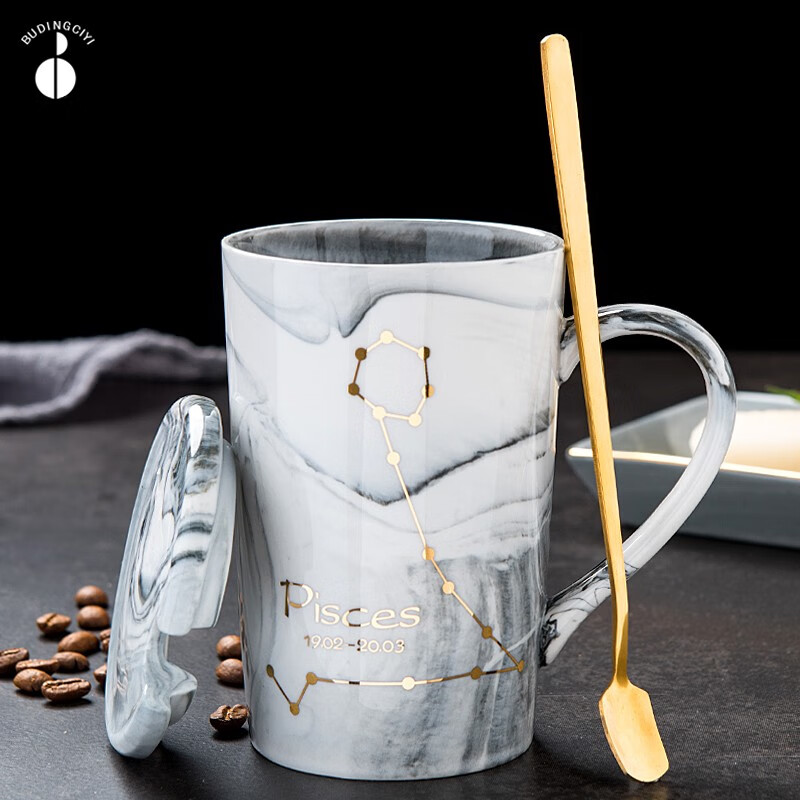 布丁瓷艺 创意大理石纹北欧ins陶瓷杯子个性简约男女情侣水杯十二星座马克杯带盖勺咖啡杯 双鱼座-普通包装