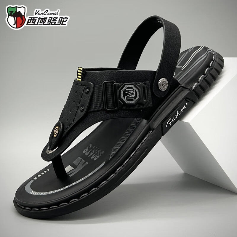 西域駱駝（VANCAMEL）真皮人字拖男2025夏季新款軟底沙灘鞋時尚百搭外穿夾趾拖鞋男涼鞋 黑色 39 皮鞋碼