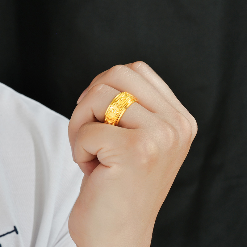 萃华金店 六字箴言足金戒指男士男款黄金戒指外圈可转动 约17.