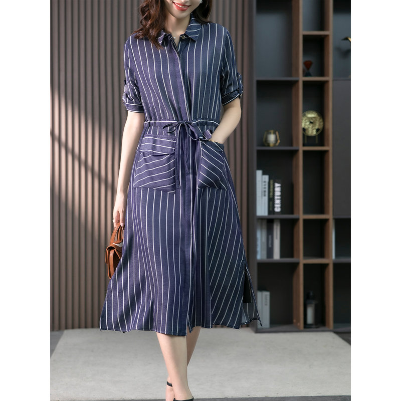 条纹天丝连衣裙女中长款2022夏季新款韩版通勤减龄衬衫裙子 蓝白条纹