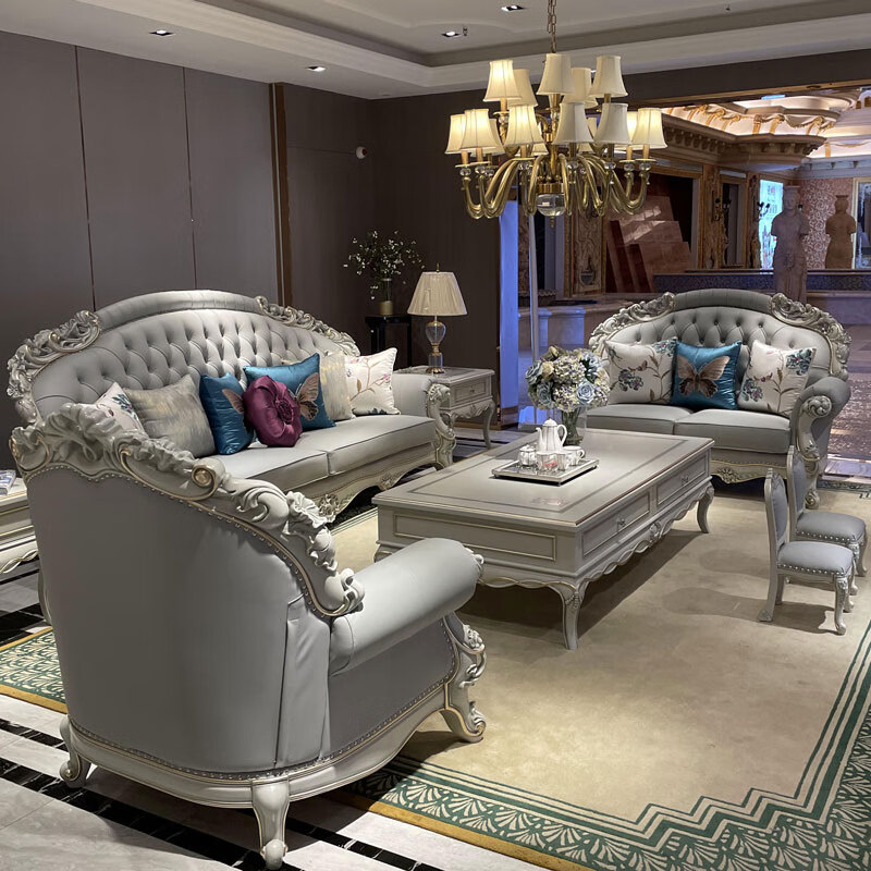 霖䄸衍欧式真皮沙发 欧式沙发法式别墅客厅新古典实木雕花蒂芙尼蓝大户 组合 单人沙发