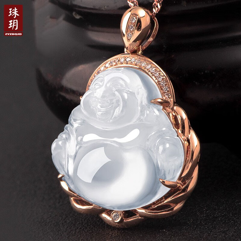 珠玥(zhuyue)冰种翡翠佛镶18k玫瑰金吊坠佛公玉坠a货自戴女款带证书