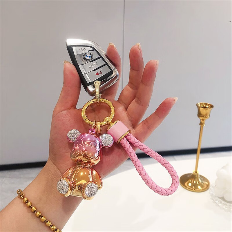 镶钻双色粉暴力熊 粉编织绳