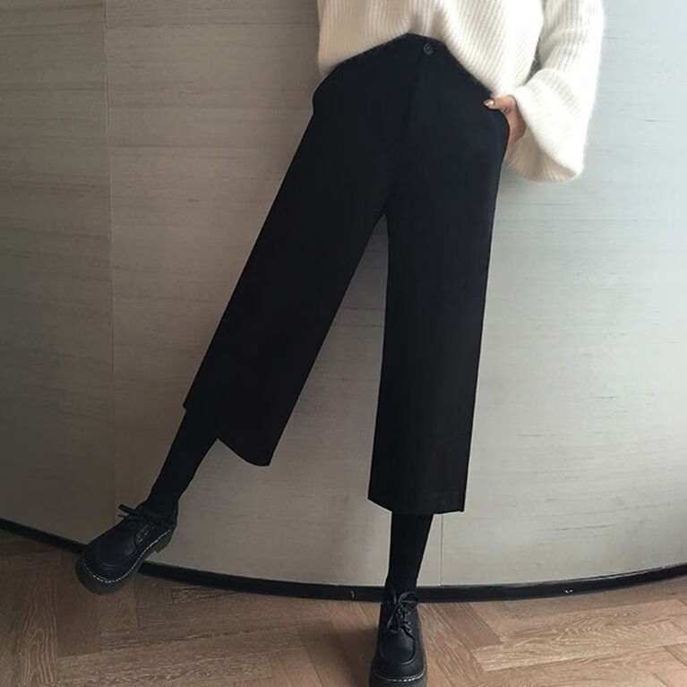 裤秋冬加厚保暖毛呢裤子女韩版学生宽松阔腿裤2022新款七分裤女 黑色