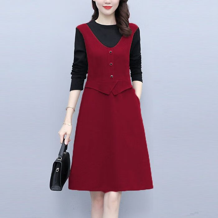 喵畅 矮个子中年妇女秋款连衣裙长袖小个子女士裙子薄款加绒春秋新款