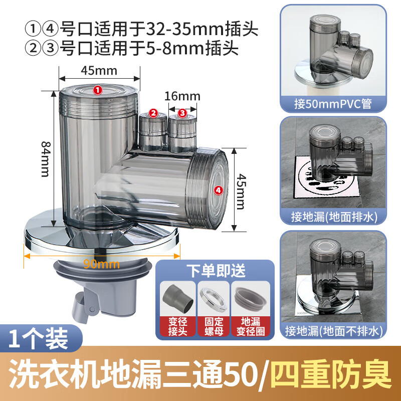 一靚洗衣機(jī)下水管三頭通洗烘套裝排水管下水道三通分流器一分二四通 A1款洗手盆+洗衣機(jī)排水