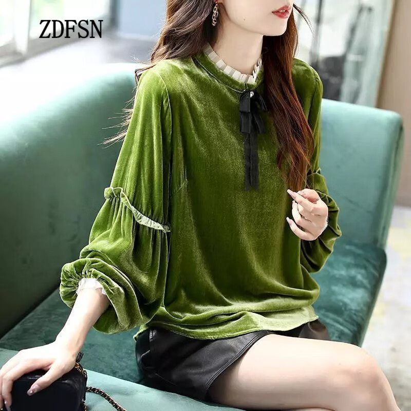 秋冬新款木耳边长袖金丝绒宽松女上衣洋气打底衫女定制 绿色常规款 m