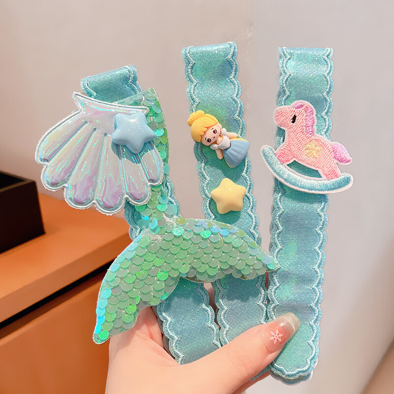 宝宝刘海碎发整理女童发卡女孩星黛露发饰儿童魔术贴发箍头饰 蓝色贝壳鱼尾发帖3件套