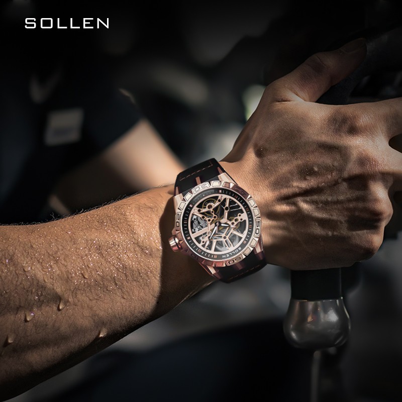 梭伦（SOLLEN）新款迷宫表盘手表男镂空全自动机械表男士手表防水夜光腕表送男友 蓝色黑盘【国潮双开礼盒】326