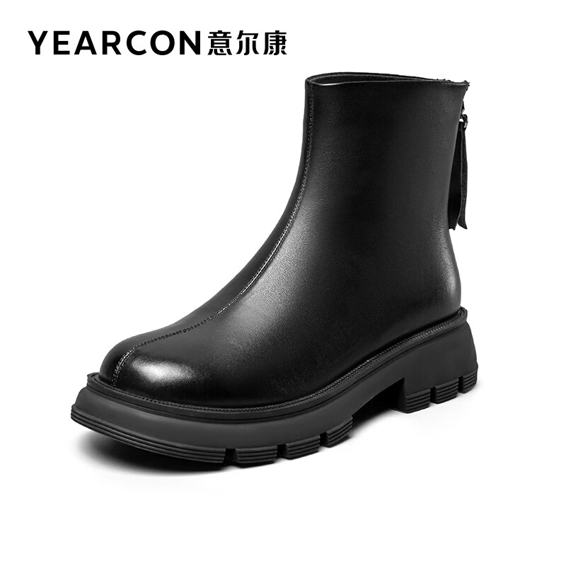 意尔康靴子女冬天防水皮靴子女士女鞋2023年秋冬季新款单靴短靴真皮女士休闲及踝靴英伦风皮鞋 黑色 36