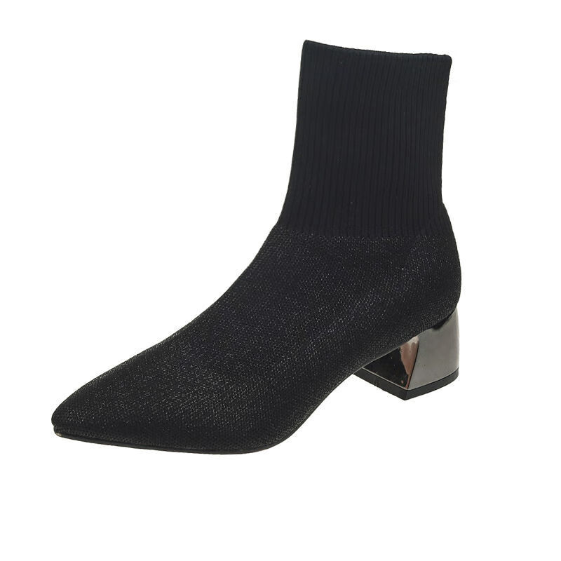 马丁靴女靴子新款高跟鞋春秋单靴薄款配裙子夏天穿短靴袜子鞋 黑色 35