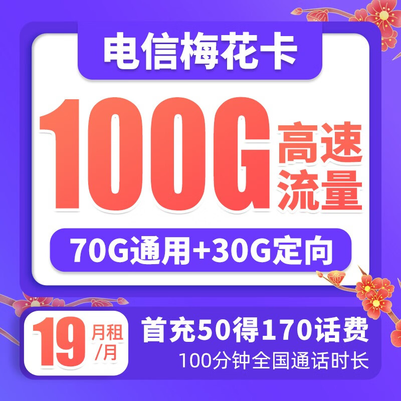 中国电信 电信流量卡5G手机卡低月租电话卡无限量全国通用不限速上网卡 梅花卡19元月租100G+100分钟-MHK