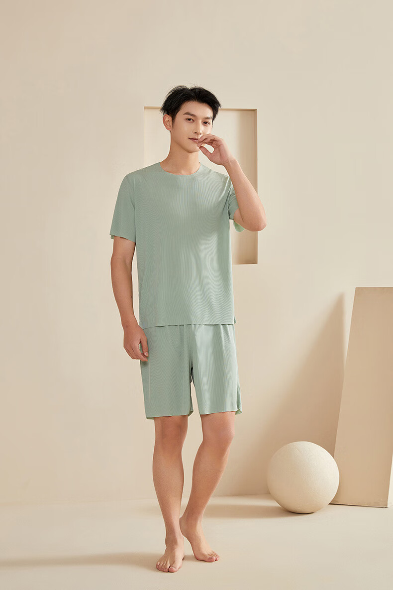 夏季睡衣情侣款男薄款短袖短裤套装宽松家居服大码 绿色（男款家居套装XL-HZHS13 L