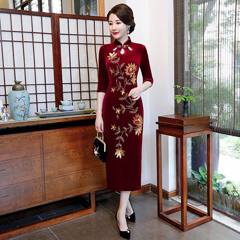 旗袍七分袖金丝绒旗袍秋新款复古女装长款修身显瘦妈妈中式礼服 酒红色 XXL高性价比高么？
