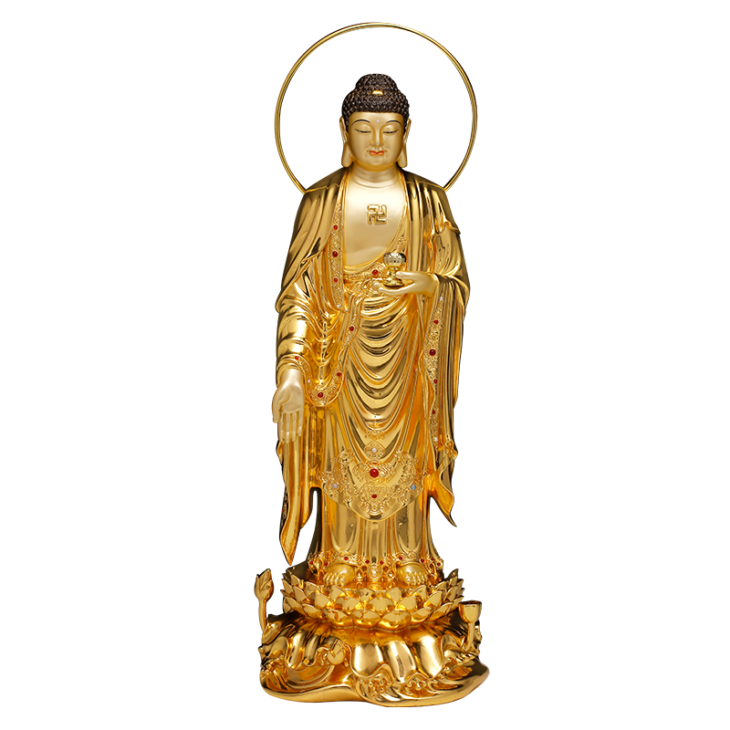 吉旺來(lái) 純黃銅西方三圣佛像擺件阿彌陀佛像24K金箔居家供奉佛像銅擺件 如來(lái)佛站像【掐絲貼金鑲寶】 到頭頂高48cm【含背光高53cm】