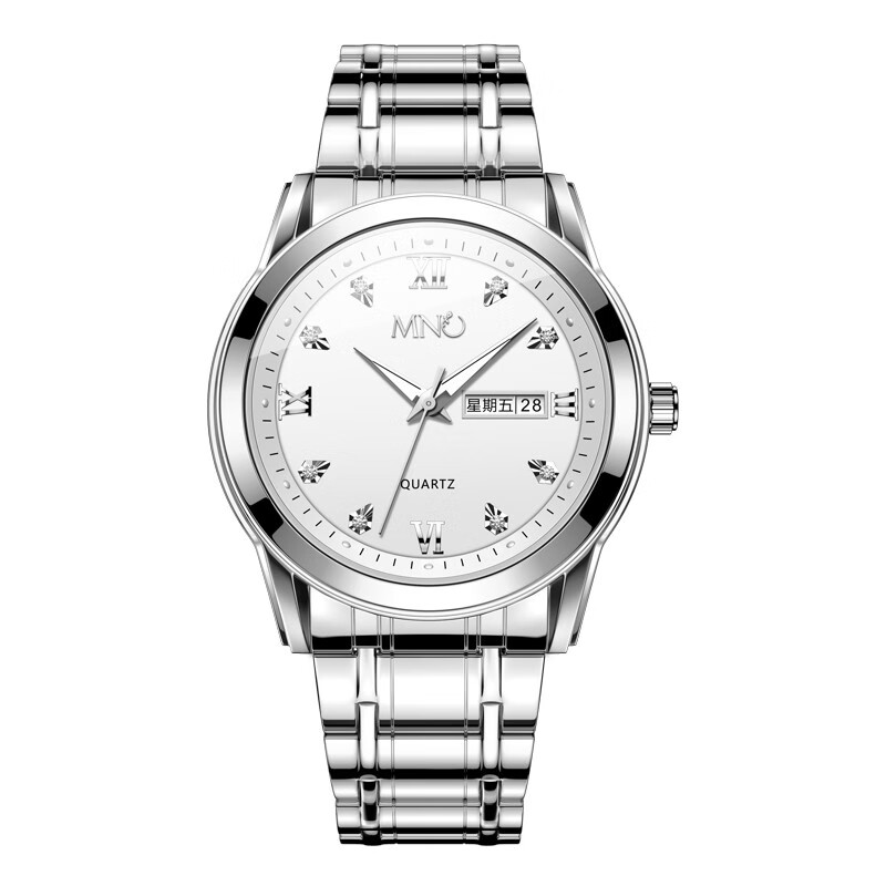 mno梦梭手表男精钢带石英表机械风男士商务休闲防水夜光国表 银壳白面