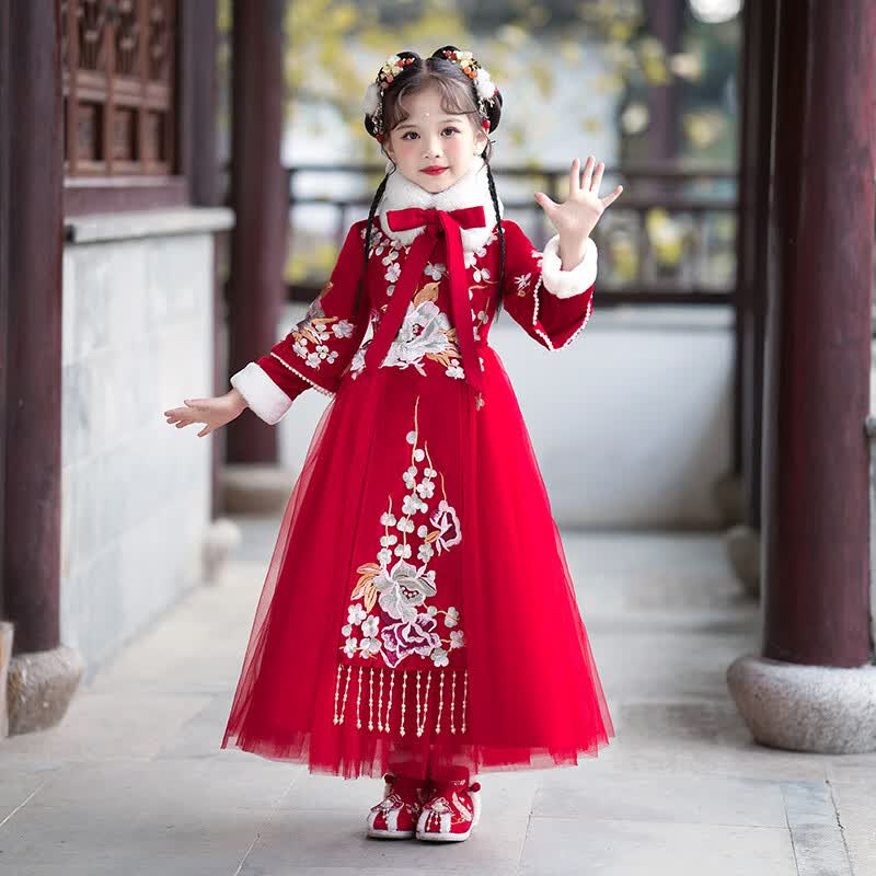 珍妮羊汉服女童拜年服 儿童旗袍 连衣裙2022秋冬新款小女孩喜庆过年裙子 2231红色+毛领 130cm怎么样,好用不?