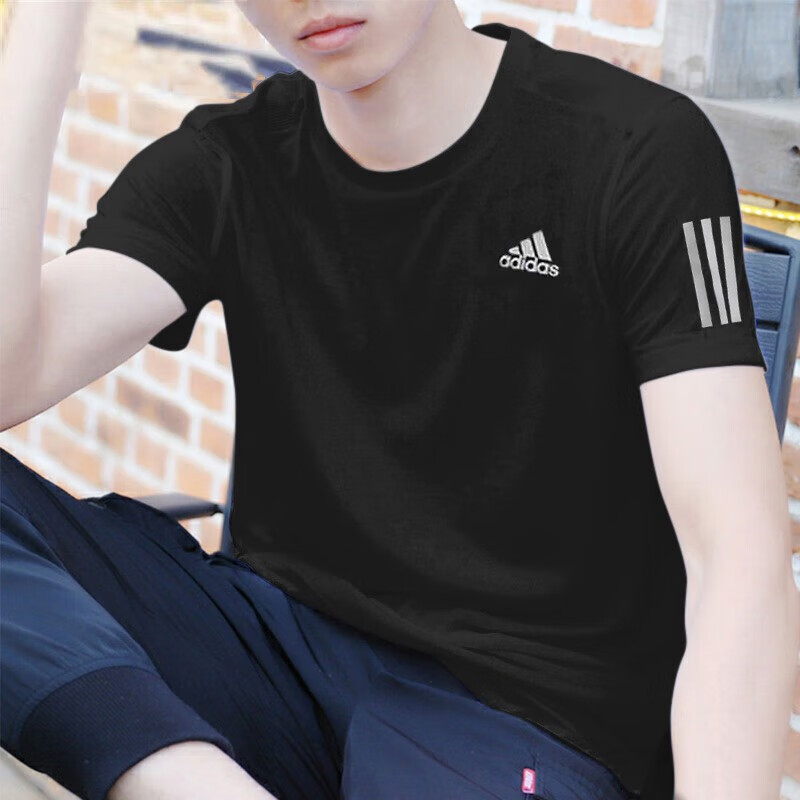 阿迪达斯 （adidas）短袖男 25夏季新款运动服健身冰丝透气半袖休闲圆领速干黑色T恤男 黑色/速干透气/三条纹 M 175