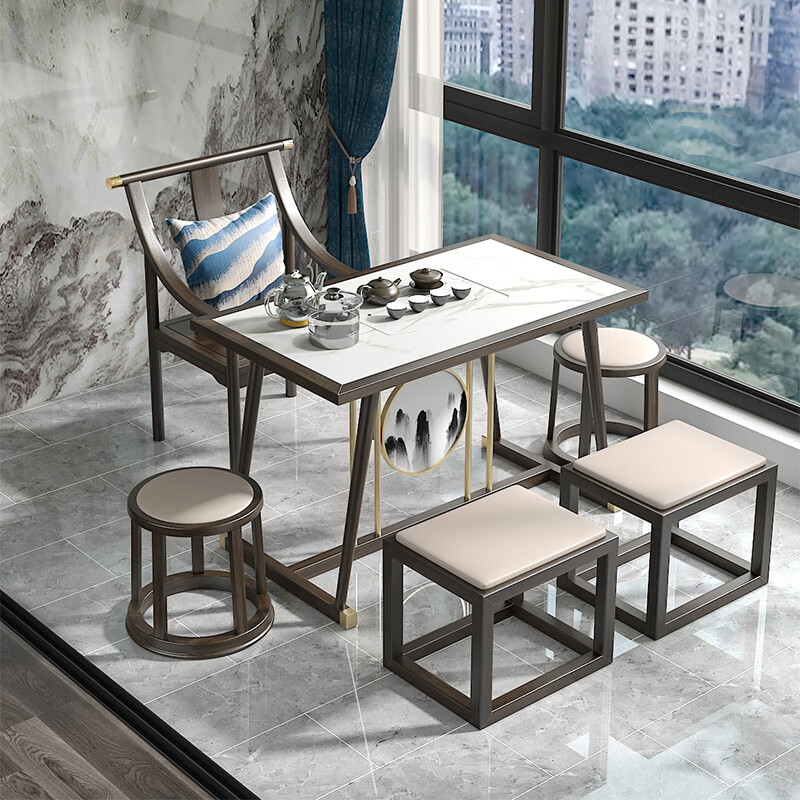 梵师傅 新中式茶桌现代简约轻奢禅意实木家用阳台茶桌椅组合中式岩板