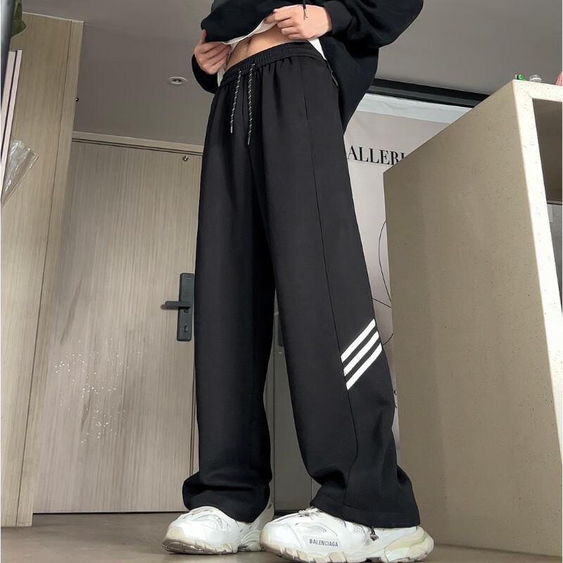 凯逸弗（kainifu）裤子男秋冬新款宽松直筒条纹设计感抽绳卫裤运动休闲长裤 黑色 M