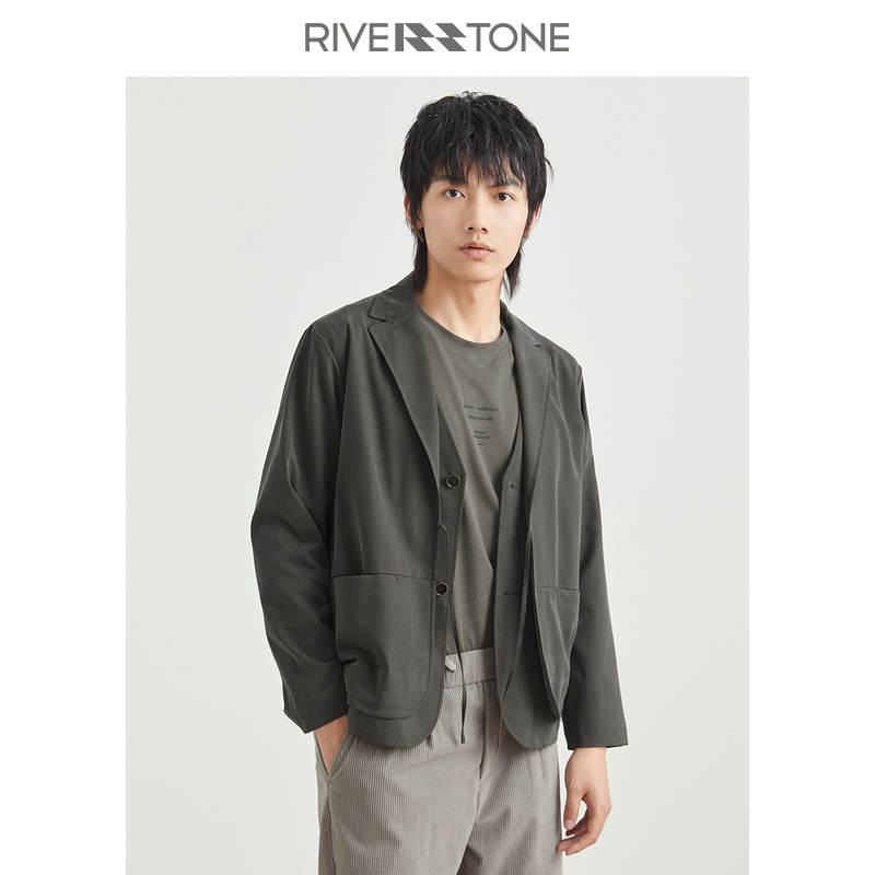 riverstone男装品牌日系长袖西便男春季复古西装宽松原创设计西服 灰