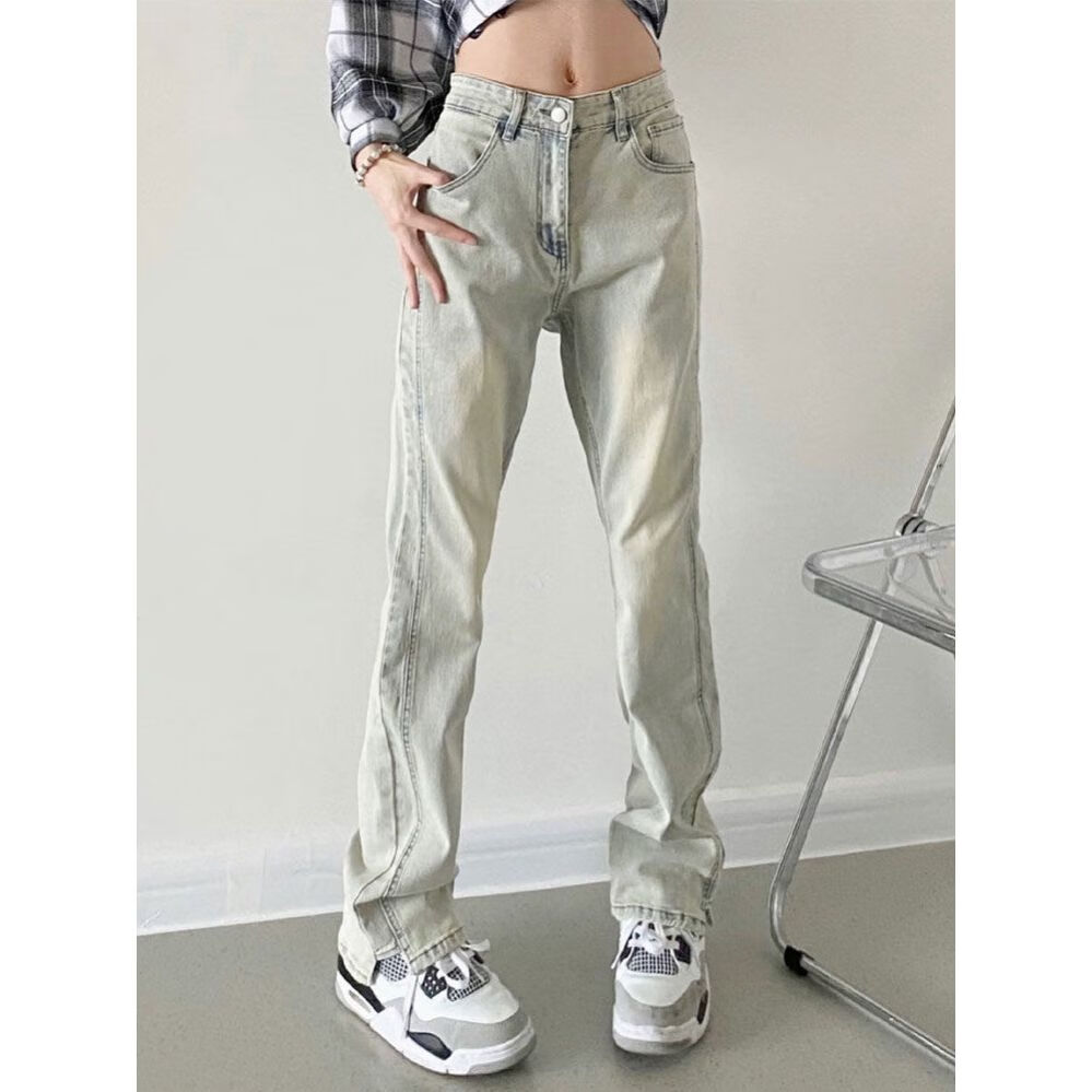 leenapitt美式微喇牛仔裤女秋季高街vibe黄泥直筒裤潮牌复古百搭休闲