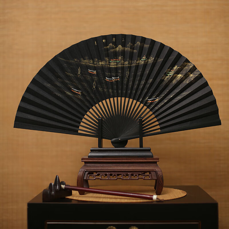 重礼善扇子 8寸折扇杭州黑纸扇桑皮纸男士扇手绘扇扇男扇子出国礼品