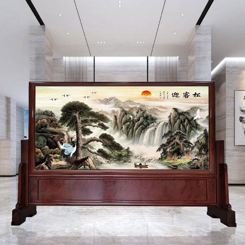 臻秀臻秀实木屏风公司单位大厅隔断楼梯遮挡不透座屏中式客厅迎客松
