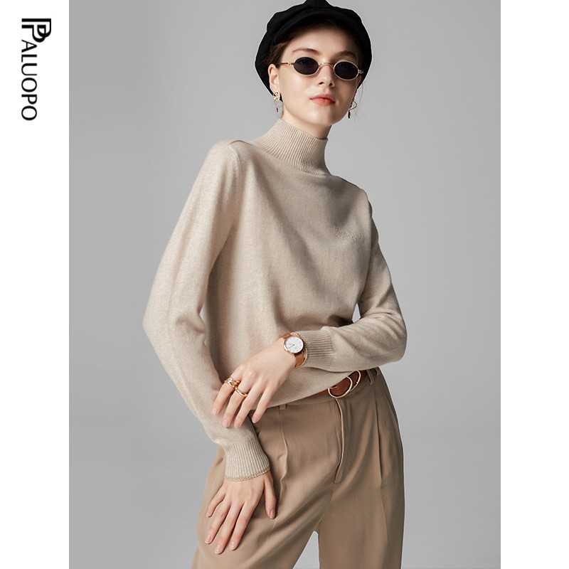 帕罗（PALUOPO）女半高领彩点夹花休闲个性提花秋冬保暖毛衣女长袖针织纯羊绒衫 浅米夹花 XL 170/110