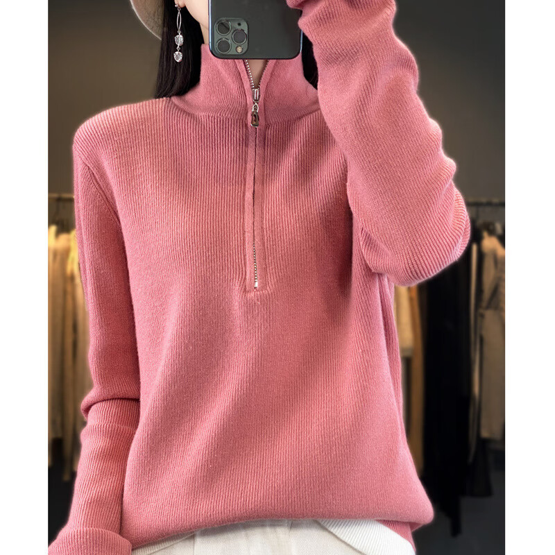 女士针织衫秋冬新款套头半拉链毛衣两厚款外套长袖韩版显瘦 虾粉色 m