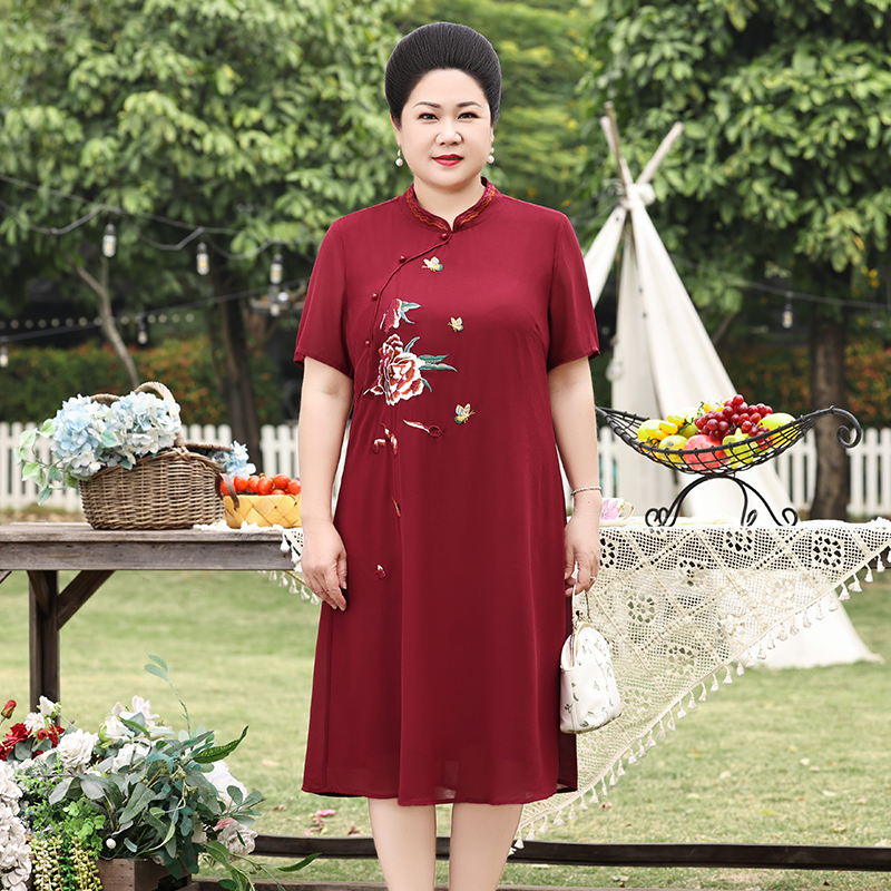 婚礼妈妈装高档礼服加肥加大码中老年大码女装改良版旗袍裙子胖妈妈
