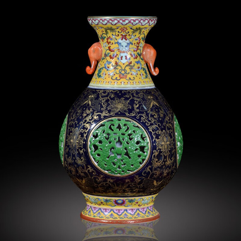 景德镇陶瓷 仿清乾隆霁蓝描金双而耳转心瓶 中式家居礼品摆件