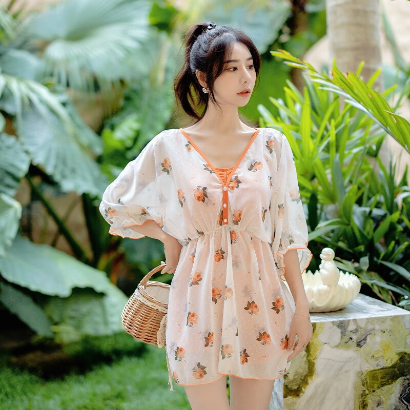 泳衣女夏季海边保守三件套分体大码微胖mm显瘦遮肚肉温泉 活力橘色