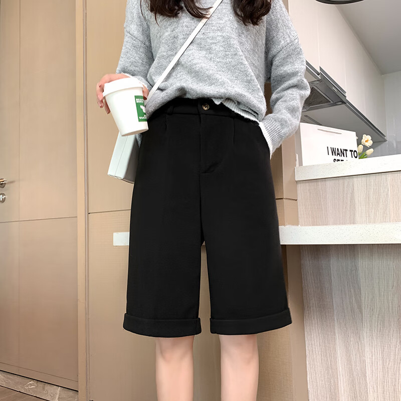 CamalgOri冬季五分毛呢短褲女加厚外穿高腰百搭胖mm碼小個子直筒卷邊中褲女 黑色 3XL