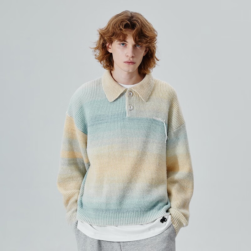 pso brand渐变彩虹花色polo领毛衣男宽松春秋季情侣装针织衫上衣 渐变