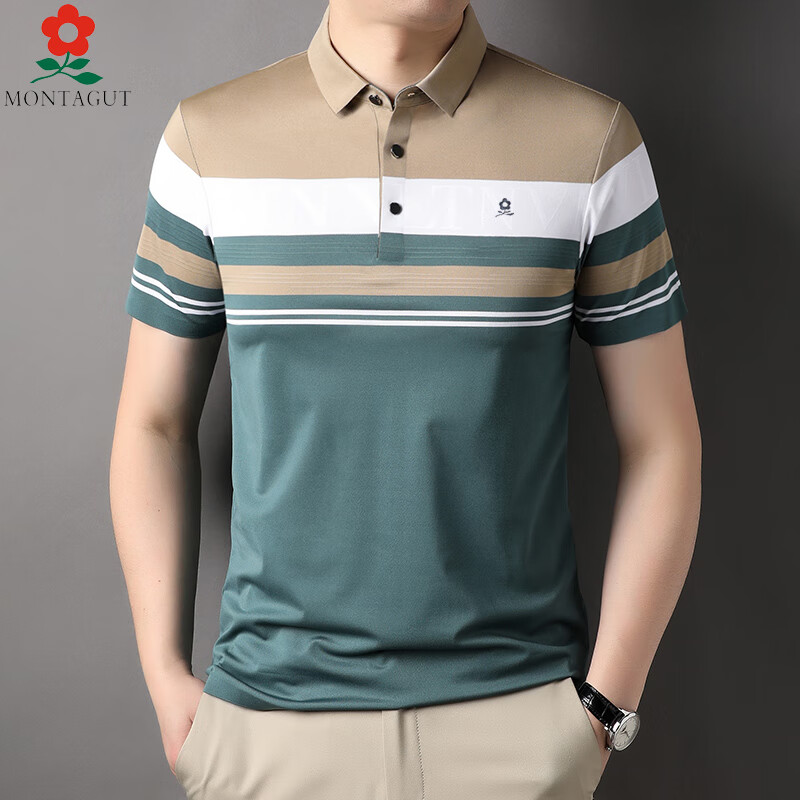 梦特娇男装桑蚕丝短袖t恤男夏季薄款条纹冰·丝凉感 绿色 48/170