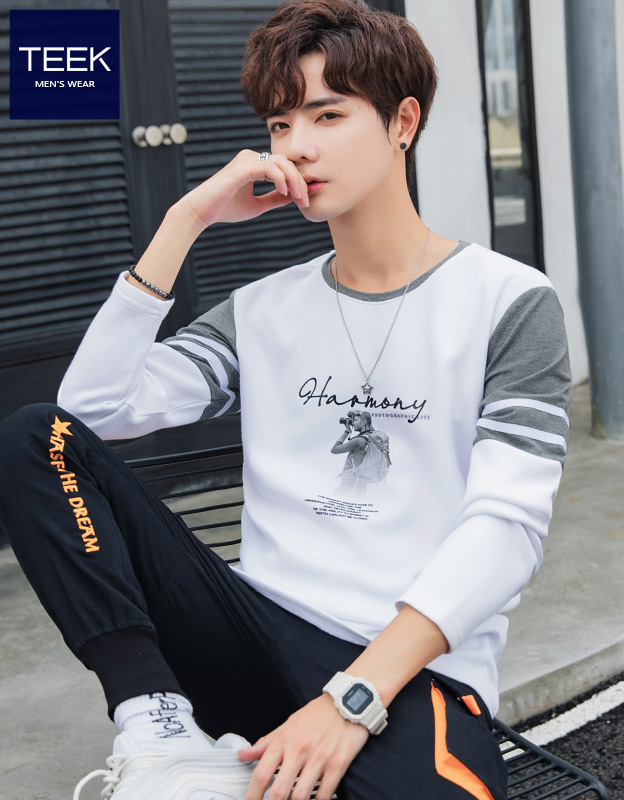 TEEK秋冬季长袖t恤男装上衣服 春秋款青年男士秋衣打底衫圆领休闲体恤 C352白色 L