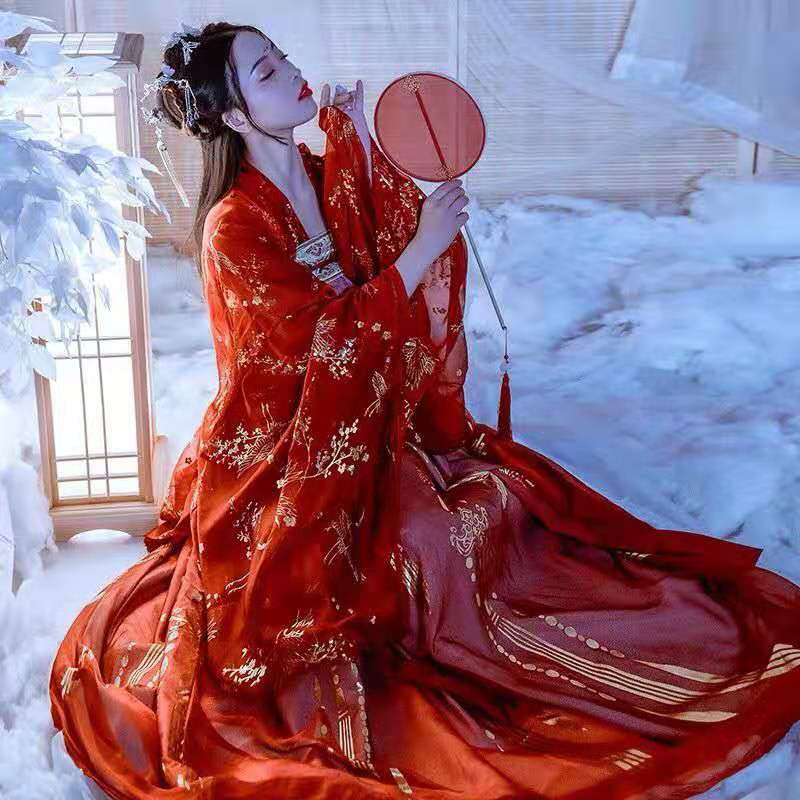 熊迪明仙鹤汉服女学生古装长款齐胸襦裙云鹤裙大袖衫秋冬季 红色云鹤