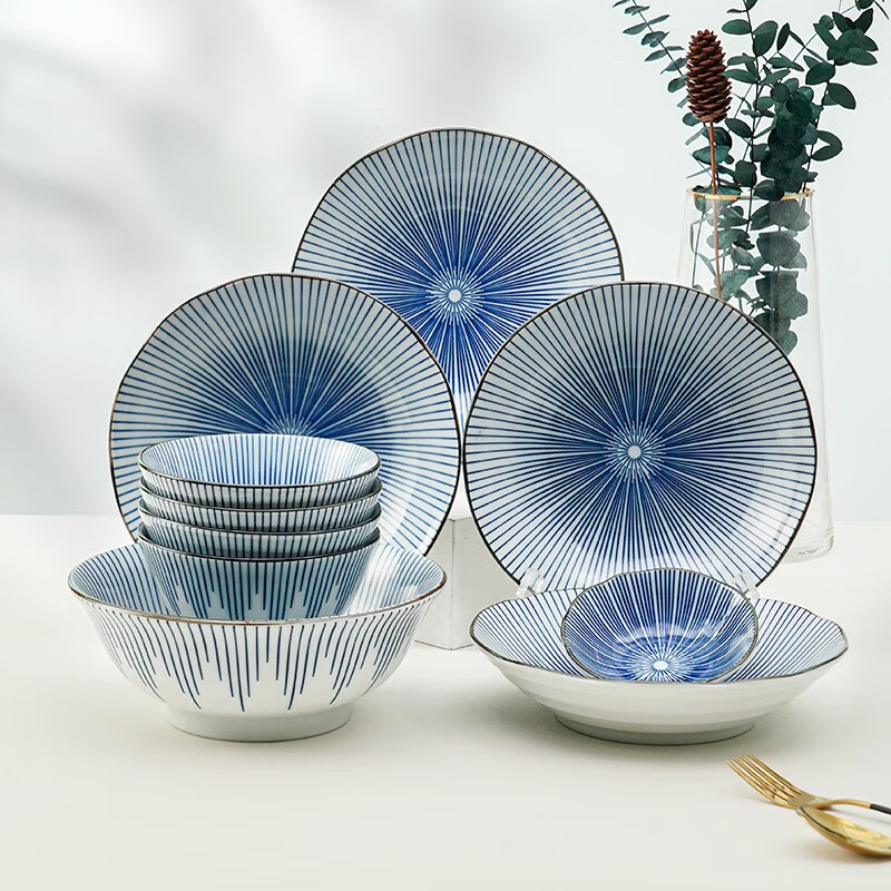 美浓烧（Mino Yaki）日本进口陶瓷碗盘餐具套装釉下彩精美餐具组合家用简约 音符十草10件套 10头