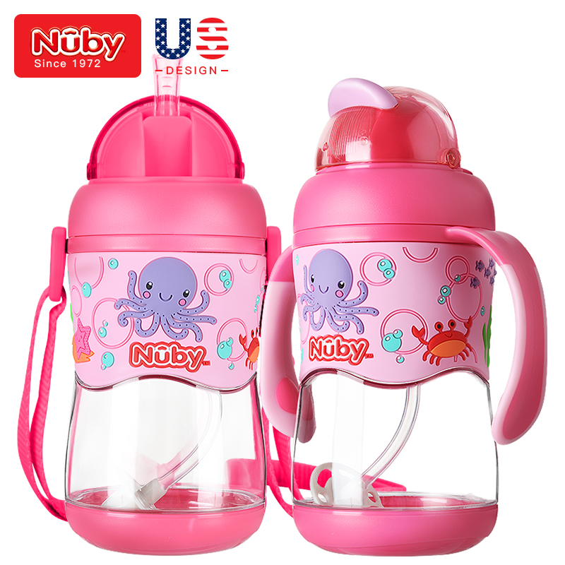 努比（Nuby) 儿童学饮杯 婴儿水杯 吸管杯 带手柄 背带宝宝水壶 防漏水杯带重力球 两用杯粉红色-400ml