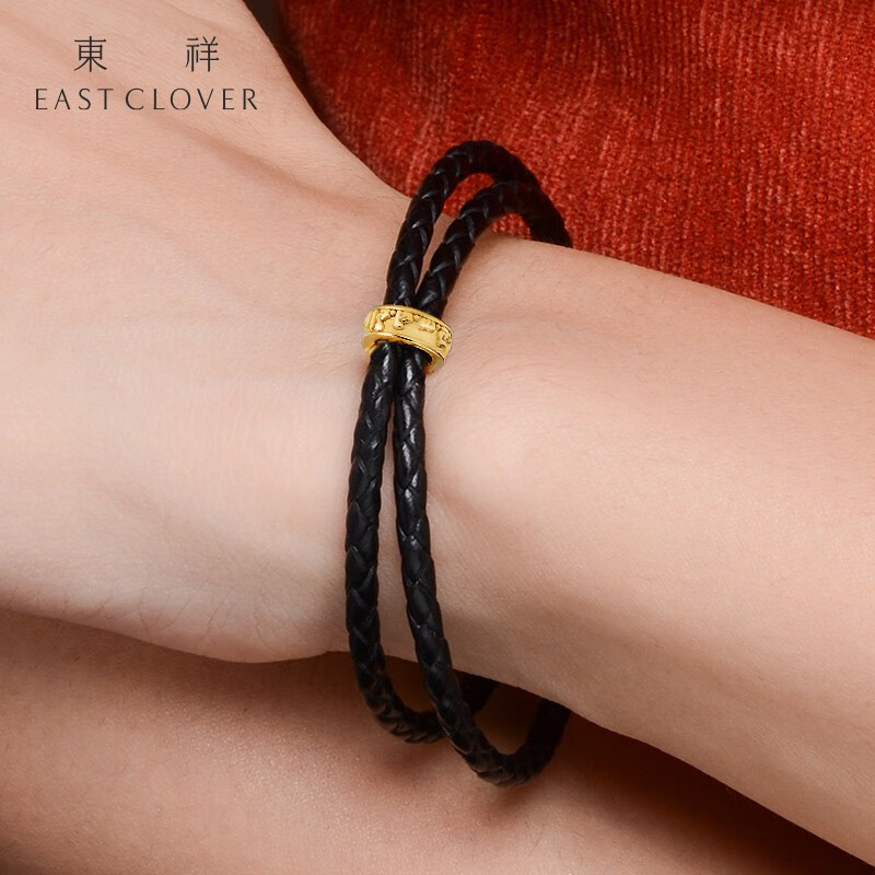 转运珠女本命年红手绳3d硬金皮绳男女情侣款手链足金手串 黑色皮绳 15