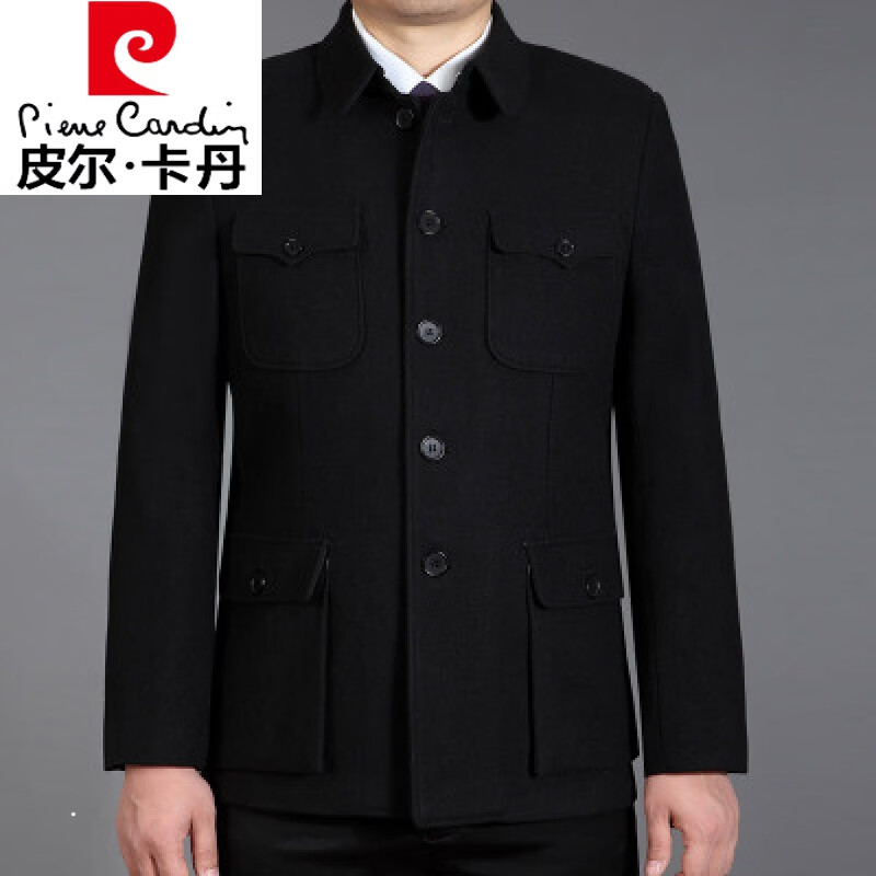 皮尔卡丹民族服饰中老年男士羊毛呢子中山装外套爷爷冬款加厚宽松大码